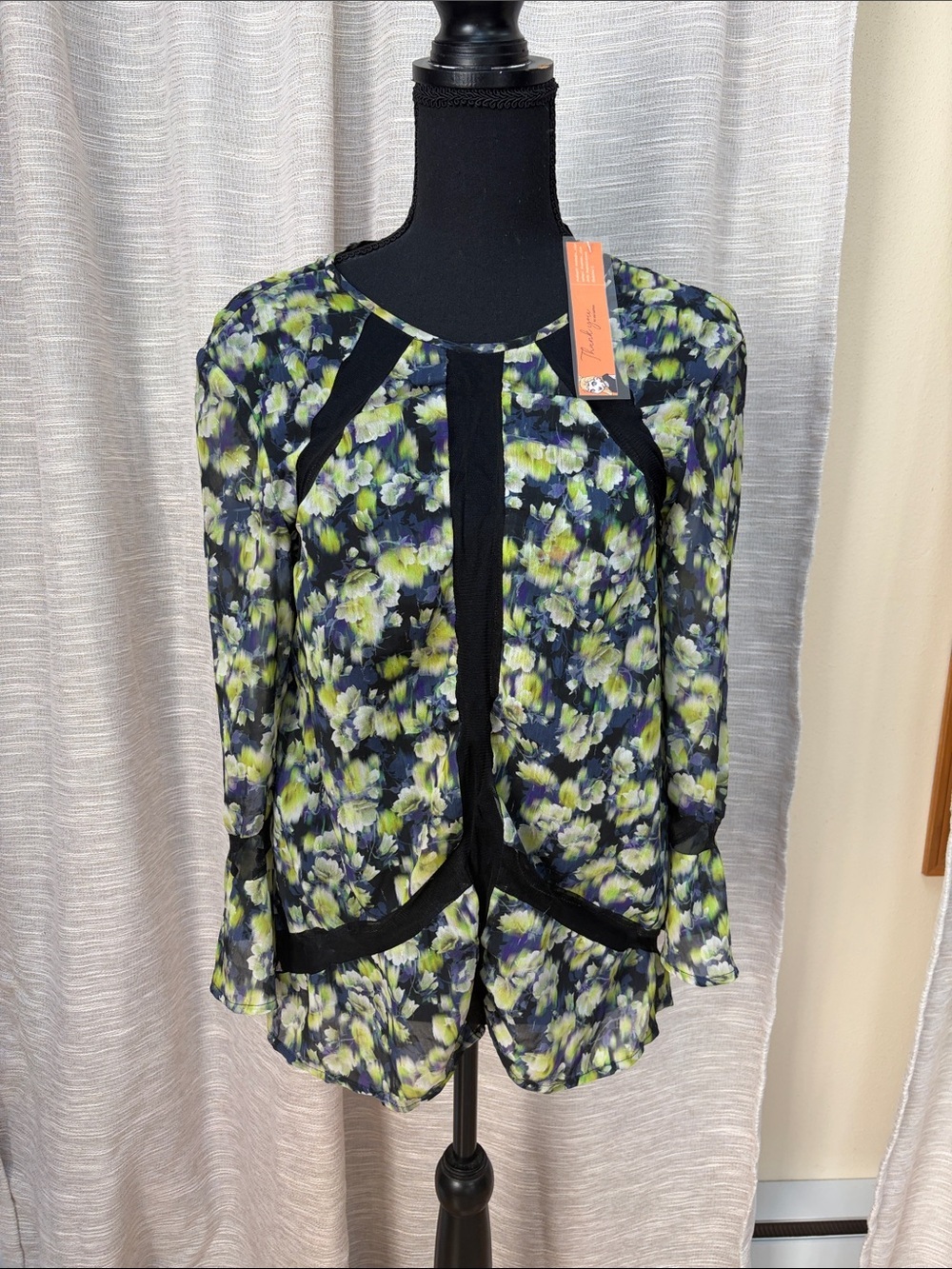 J. Crew Multi-Color Floral Sheer Blouse with Black Trim